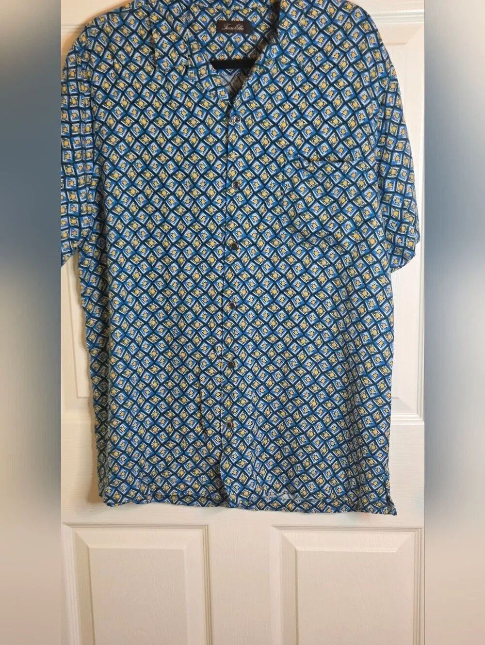 Tasso Elba XL Blue Yellow Geometric ShrtSl SILK Blend Pocket ButtonsUp Men Shirt